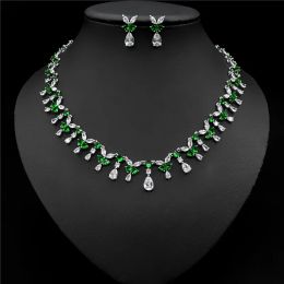 Dresses 2020 Beautiful Green Flower Shape Full Cubic Zirconia Dubai Jewelry Sets Women Wedding Bride Dress Accessories