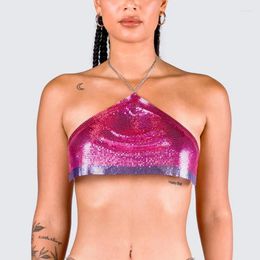 Women's Tanks Female Y2K Halter Crop Top For Nightclub Party Metal Chain Mail Short Tank Pink Chainmail