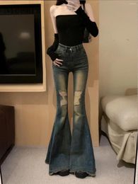 Women's Jeans Spicy Girl Style Retro Fishtail Perforated Women Clothing Spring Sexy Tight Lifting Hip Elastic High Waist Flare Pants