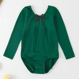 Stage Wear Dance Pleated Bowknot Long Sleeve Openable Crotch Cotton Girls Children Kids Ballet Leotards