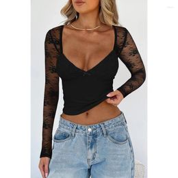 Women's T Shirts Hirigin Y2k Lace Top Long Sleeve Sexy Crop See Through Low Square Neck Mesh Sheer Slim Fit Going Out Cropped Tee