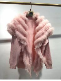 Fur New 2023 famous design Knitted Cardigan real Fur Jacket Real Fox Fur Trim Fashion Elegant coats outerwear
