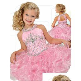 Girl'S Pageant Dresses Girls Cupcake Ee B740 Ab Crystal Bodice And Halter Neck Ruffles Organza Toddler Tutu Dress For Formal Drop De Dhu5P