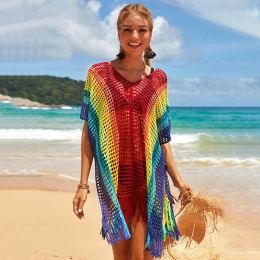 Cover-up Knitted Rainbow Crochet Dress Knit Beach Cover Up Short Sleeve Tassel Tunic Women Fashion 2022 New Beachwear Swimsuits 16 Colors