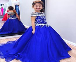 Crystals Toddler Girls Pageant Dresses Royal Blue Crystals Glitz Girls Birthday Party Gowns Kids Formal Prom Ball Gowns Sweep Trai6869460