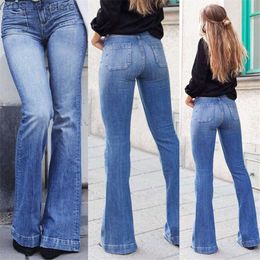 Jeans Flare Jeans Floor-length Blue Denim Washed Jean High Waist Mom Bell Plus Size Jeans Ladies 240304