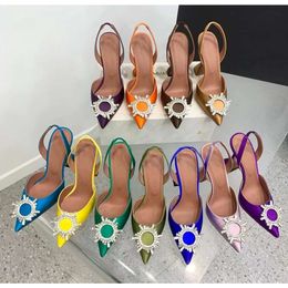 Amina Muaddi Sling Womens Designer Heels Satin Pointed Muadi Backs Bowties Sandals Pumps Crystal Sun Flower Top Quality High Heeled Shoe 10cm Women Sexy Wedding Shoe