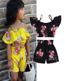 Summer Children Girls Clothing Sets Toddler Baby Girl Clothes Floral Halter Topshorts Pants 2pcs Clothing Yellow Beach Outfits2016335