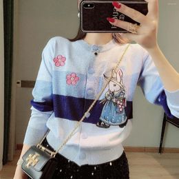 Women's Knits 2024 Spring And Autumn Dress Round Neck Vintage Long Sleeve Stripe Coloured Cartoon Pattern Embroidered Knitted Cardigan