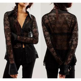 Women's Blouses For Women Button Down Sheer Lace Patchwork Turn-Down Collar Long Sleeve Casual Tops