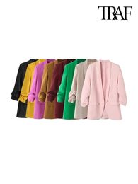 TRAF Women Fashion Office Wear Open Blazer Coat Vintage Long Pleated Sleeves Flap Pockets Female Outerwear Chic Tops 240226