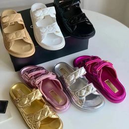 Damen-Papa-Sandalen, Grandad-Sandalen, echtes Leder, gesteppte Schnalle, Kaviar-Luxus, ohne Riemen auf der Rückseite, Hausschuhe, Kristall-Kalbsplattform, Sommer-Strand-Slipper, Größe 35–42