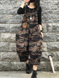 Jeans Jeans Retro Camouflage Denim Sleeveless Spring Loose Suspender Jumpsuit Streetwear Harem 240304