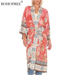 Jackets Boho Flamingo Floral Print Long Cover Ups Beach Style Sashes Rayon Cotton Kimonos Women Robes