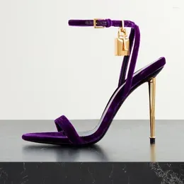 Dress Shoes Sexy Padlock Velvet Sandals Purple Red Black Golden Metal Stiletto Heel Ankle Strap Bride Banquet Party Shoe