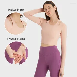 Active Shirts Naked Feel Halter Thumb Hole Long Sleeve Yoga Shirt Slim-fit Workout Crop Top With Built In Bra Women Gym Sportswear Clothing