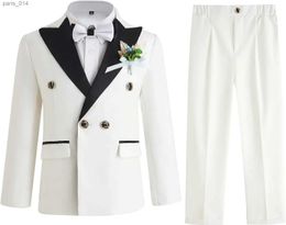 Suits Children White Baptism Jacket Pants Bowtie Flower 4PCS Photography Suit Flower Boys Ceremony Costume Kids Birthday Wedding Dress