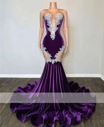 Apliques de renda sexy Mermaid Girl Girl Purple Prom Dress 2024 Velvet Sheer Mesh Mesh Missa de graduação formal Party Distress Robe de Bal 0223