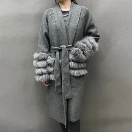 Fur Lady's Wool Coat with Real Fox Fur Trim Cuff Fashion Ins Warm Fox Fur Jacket Women Autumn Winter Clothing