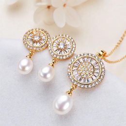 Necklace Earrings Set Freshwater Pearl Female White Drop-Shaped Ear Stud Pendant Two-Piece Elegant Jewelry For Woman Girls's Gift