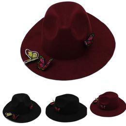 Creative Three Butterflies Women Wide Brim Hats Wool Soft Warm Ladies Fedoras Solid Floppy Cloche Jazz Caps Hats Autumn Winter261m