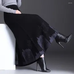 Skirts Autumn Winter Warm High Waist Long Ladies Plus Size Black A-line Skirt Pleated Knitted For Women