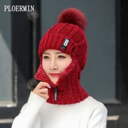 Women Wool Knitted Hat Ski Hat Sets For Female Windproof Winter Outdoor Knit Warm Thick Siamese Scarf Collar Warm Hat Girl Gift325G