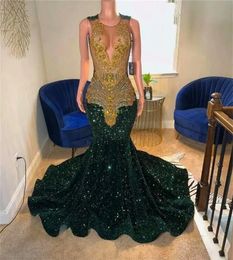 Sequin Unique Green Gold Crystal Beaded Mermaid Prom Dresses 2024 Sexy Sheer Mesh Handmade Diamond Black Girl Gala Gowns