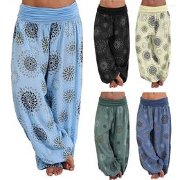 Women's Pants Fashion Harem Casual Loose Trousers Retro Ethnic Print Elastic Mid Waist Wide Leg Bloomers Long