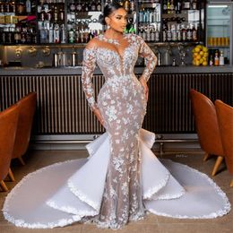 Gorgeous Mermaid Lace Wedding Dresses Beaded Plus Size Bridal Gowns Long Sleeves Sheer Jewel Neckline Appliqued Vestido De Novia