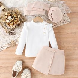 Clothing Sets CitgeeAutumn Kids Girls Outfits White Long Sleeve Ruffle Tops Button Skirt Beret Scarf Spring Clothes Set