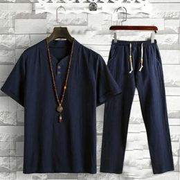 Men's Tracksuits 1 Set Men Outfit Stylish Chinese Style Mid Rise Simple Top Pants Relaxed Fit For Vacation