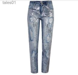 Women's Jeans Winter Ladies Waist Jeans Woman Denim Sequins Boyfriend Jeans Female Trousers 240304