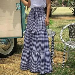 Skirts Women Maxi Skirt Plaid Print A-line Big Swing Patchwork High Elastic Waist Lace-up Pleated Lady Long