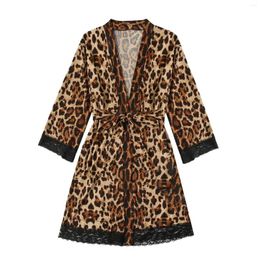 Women's Sleepwear Women Satin Silk Robe Leopard Print Bride Wedding Gown Lace Sexy Kimono Bathrobe Night Dress Casual Nightgown 4XL