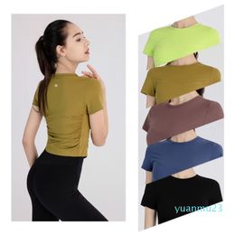 Lu Align summer new female yoga clothes T-shirt fitness sports leisure round neck personality waist slim training short sleeves333