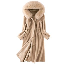 Fur 2020 New Arrival Winter Vintage Must Have Coat Natural Lamb Sheep Fur Overcoat hood Design and Real Fox Fur Collar