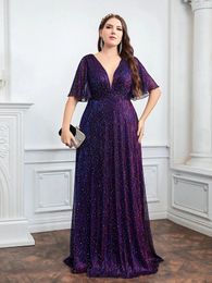 Wedding Bridesmaid Dress For Plus Size Female Fashion Plunging Neck Butterfly Sleeve Glitter Party Dresses Large Size Lady Dress 240229