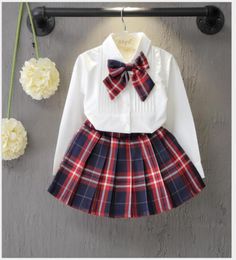 New Arrivals Baby Girls Clothing Sets Kids White Long Sleeve Shirt With BowtiePlaid Skirts 2pcs Set Girl Outfits Kids Suit7780808