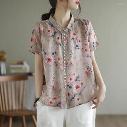 Women's Blouses Literary Style Women Shirt Stylish Summer Casual Collection Lapel Short Sleeve Loose Fit With Pocket For A