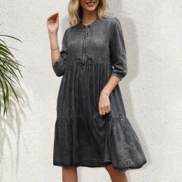 Dress Stylish Vintage Dress ALine Versatile Breathable Sweet Ruffle Hem Distressed Denim Dress