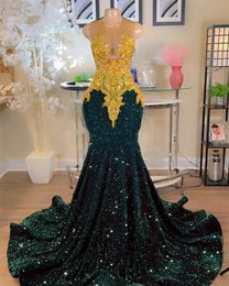 Sexy Sheer Neck Mermaid Prom Dresses For Black Girl 2024 Green Sequins Plus Size Formal Evening Occasion Gowns Vestidos De Novia