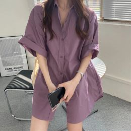 Shirt Biyaby Summer Short Sleeve Purple Shirts for Women Korean Loose Button MidiLength Coat Ladies Vintage Simple AllMatch Blouse