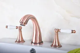 Bathroom Sink Faucets Antique Red Copper Deck Mounted Widespread Basin Faucet Dual Handles 3 Holes Mixer Tap Lrg077