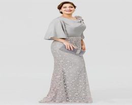 Grey A Line Mother Of The Bride Dress Jewel Neck 34 Long Sleeve Lace Appliqued Wedding Guest Gowns Floorlength Plus Size Evening3323968