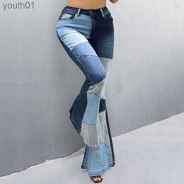 Women's Jeans Womens Jeans High Waist Pockets Button Fly Women Colour Block Wide Leg Flare Denim Pants Daily Clothing 240304