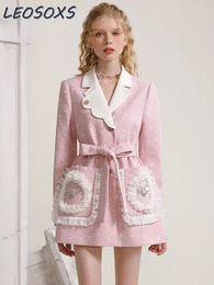 Sweet Pink Suit Blazer Jacket for Women Autumn and Winter Lace Design Tweed Waist Slimming MidLength Dress Female 240226