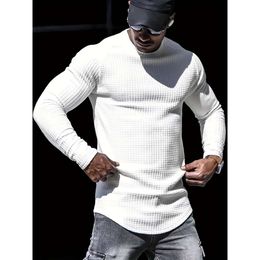 Solid Long Sleeve Checkered Shirt, Casual Active Comfy Slightly Crew Neck Tee, Men's Clothing for Gym Training Outdoor Activities