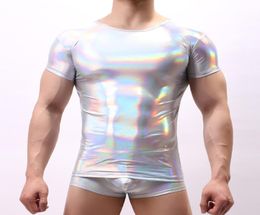 Sexy Faux Leather Mens Shirt Shiny Wet Look Stretch Gay Undershirt Latex Blue Shirts Men Bright Short Sleeve Clubwear Stage Costum9173599