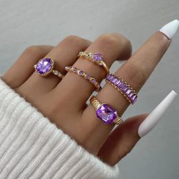 Purple Rhinestones Ring Set Geometric Imitation Crystal Bohemian Rings for Women Vintage Jewellery Wedding Party Accessories Gifts
